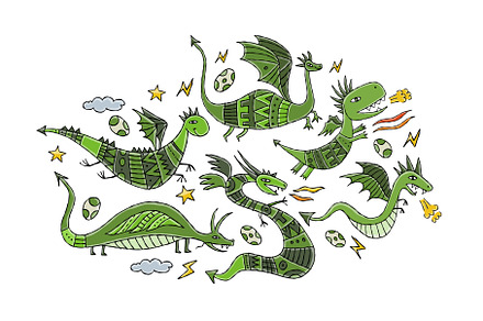 Collection of 6 Dragons isolated on
