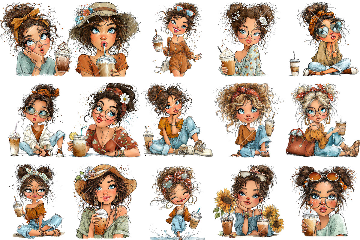 Whimsical Summer Coffee Girl Clipart, an Illustration by OK Design (Photo 3 of 6)