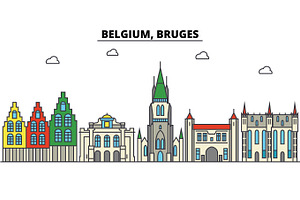 Belgium, Bruges. City Skyline: Architecture, Buildings, Streets, Silhouette, Landscape, Panorama, Landmarks. Editable Strokes. Flat Design Line Vector