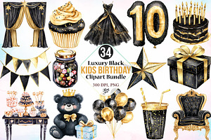 Luxury Black Kids Birthday Clipart, a Seasonal Illustration by Canvas Craft