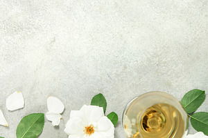Wine Tasting Flat Lay with Roses, Petals, and Corkscrew, a Beauty & Fashion Photo by Natalia Klenova's Shop