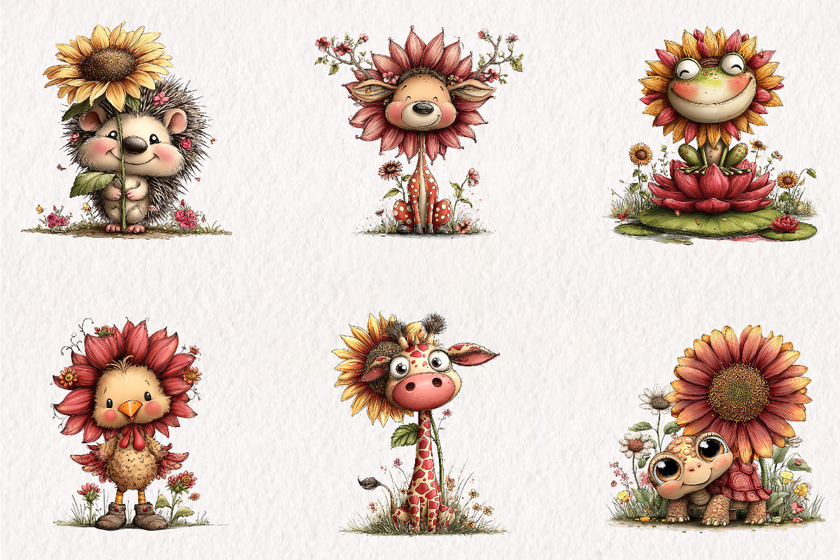 Summer Funny Sunflower Animals, an Animal Illustration by CreationArt (Photo 2 of 7)