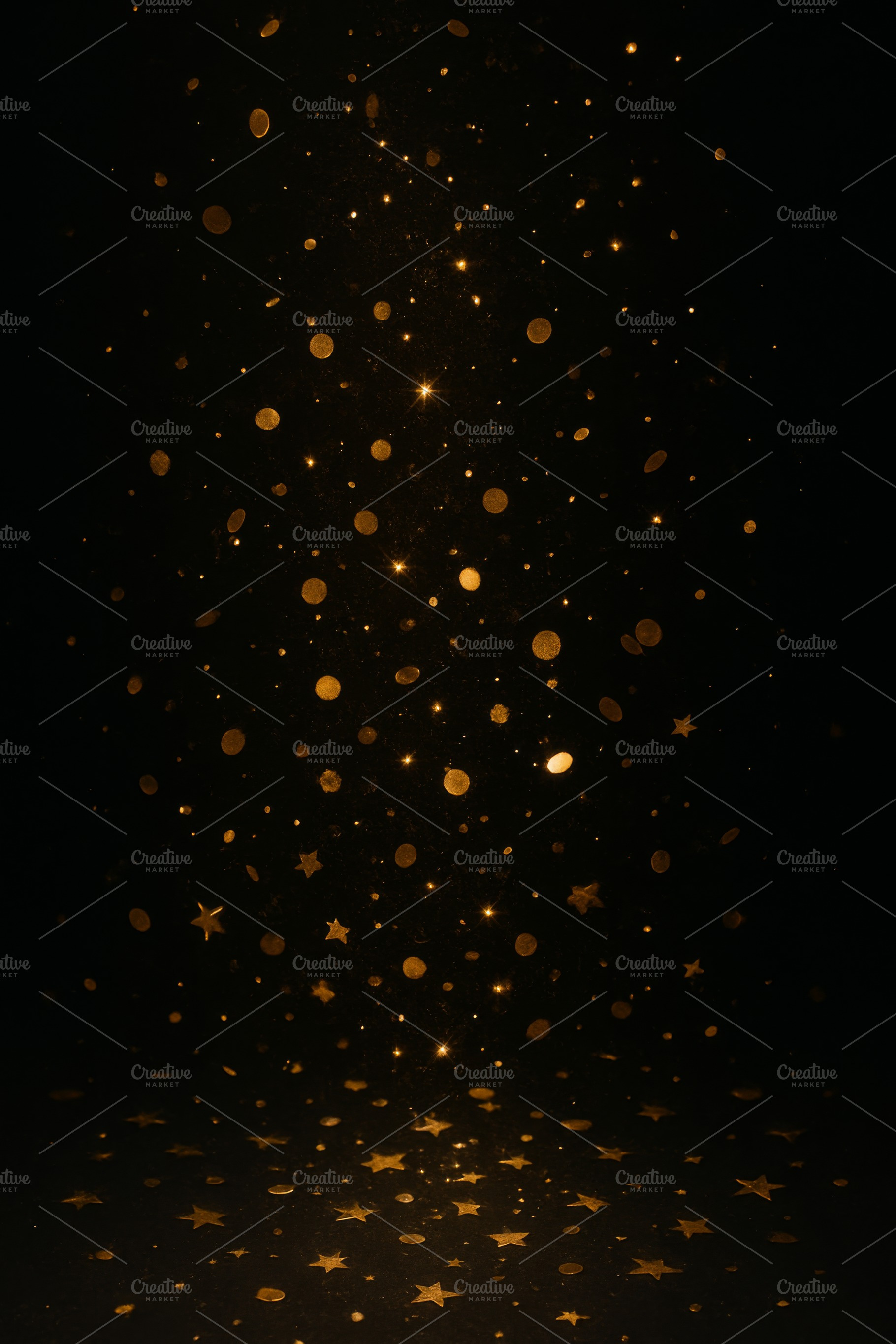 Golden confetti falling on black bac, a Photo by Dvoevnore photos