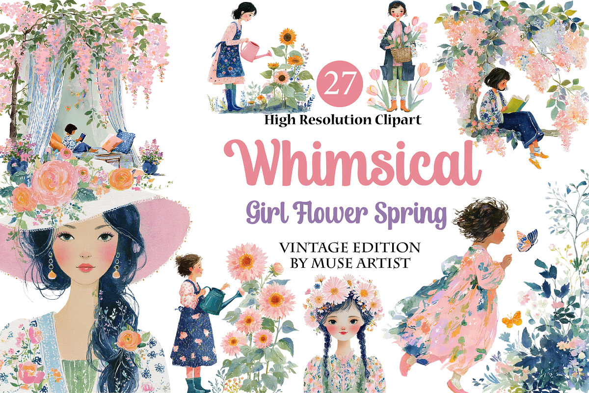 Whimsical Girl Flower Spring Clipart, an Illustration by DreamArtGraphic (Photo 1 of 4)
