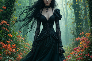 beautiful goth woman portrait in the woods, AI generated, a Photo by WorldOfPhotos