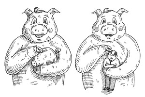 Pig holding piggy bank with money, an Animal Illustration by MoreVector