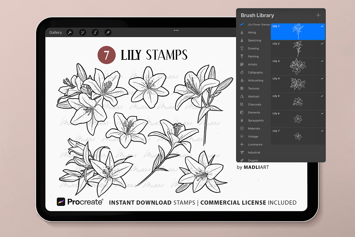 Lily Flower Procreate Brush Stamps, a Brush Add-On by MadliArt