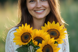 Woman smiling while holding sunflowers in a sunny field in summer, a Person Photo by AlyaAnd