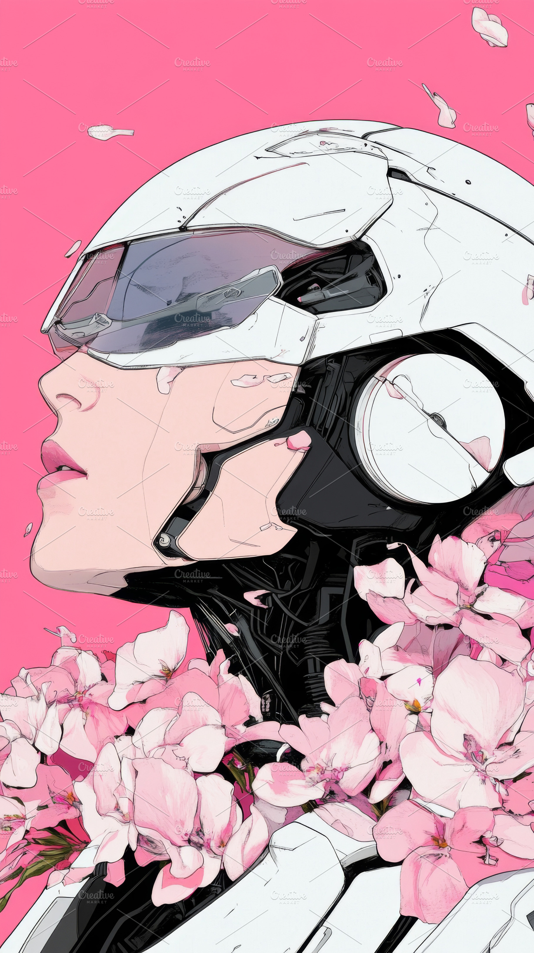 Robot with flowers framing face in f, a Photo by Dvoevnore photos