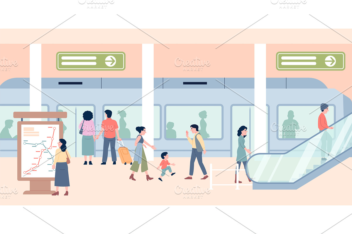 Travel by subway. People on station, a Transportation Illustration by LadadikArt