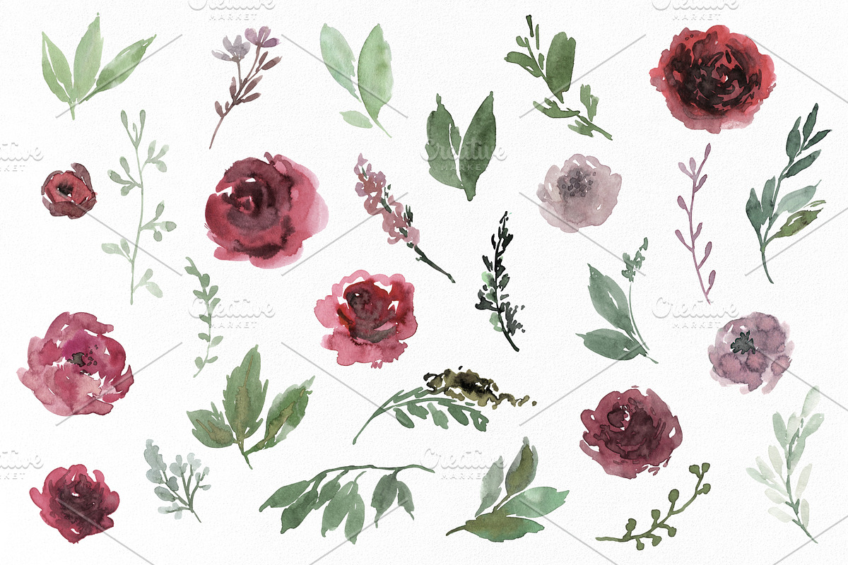 Watercolor Dusty Red Flowers, a Decorative Illustration by GraphicsDish (Photo 2 of 3)