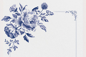 Vintage blue floral frame template with etching style roses, bir, an Illustration by Studio ANNA