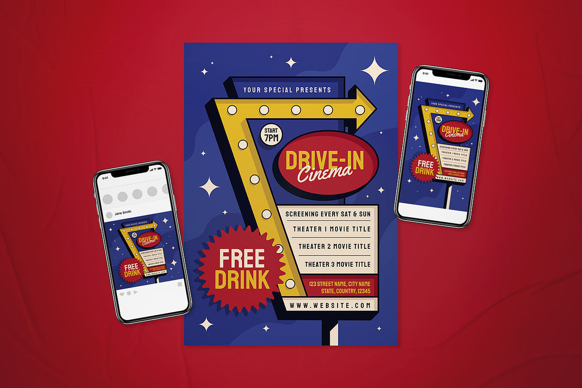 Retro Drive In Cinema Flyer Set, a Flyer Template by The Good Store (Photo 1 of 2)
