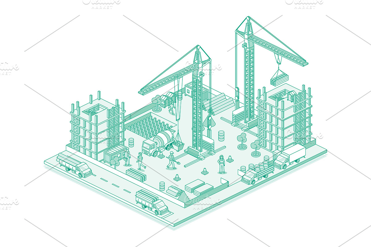 Active construction site with cranes, an Illustration by Booblgum