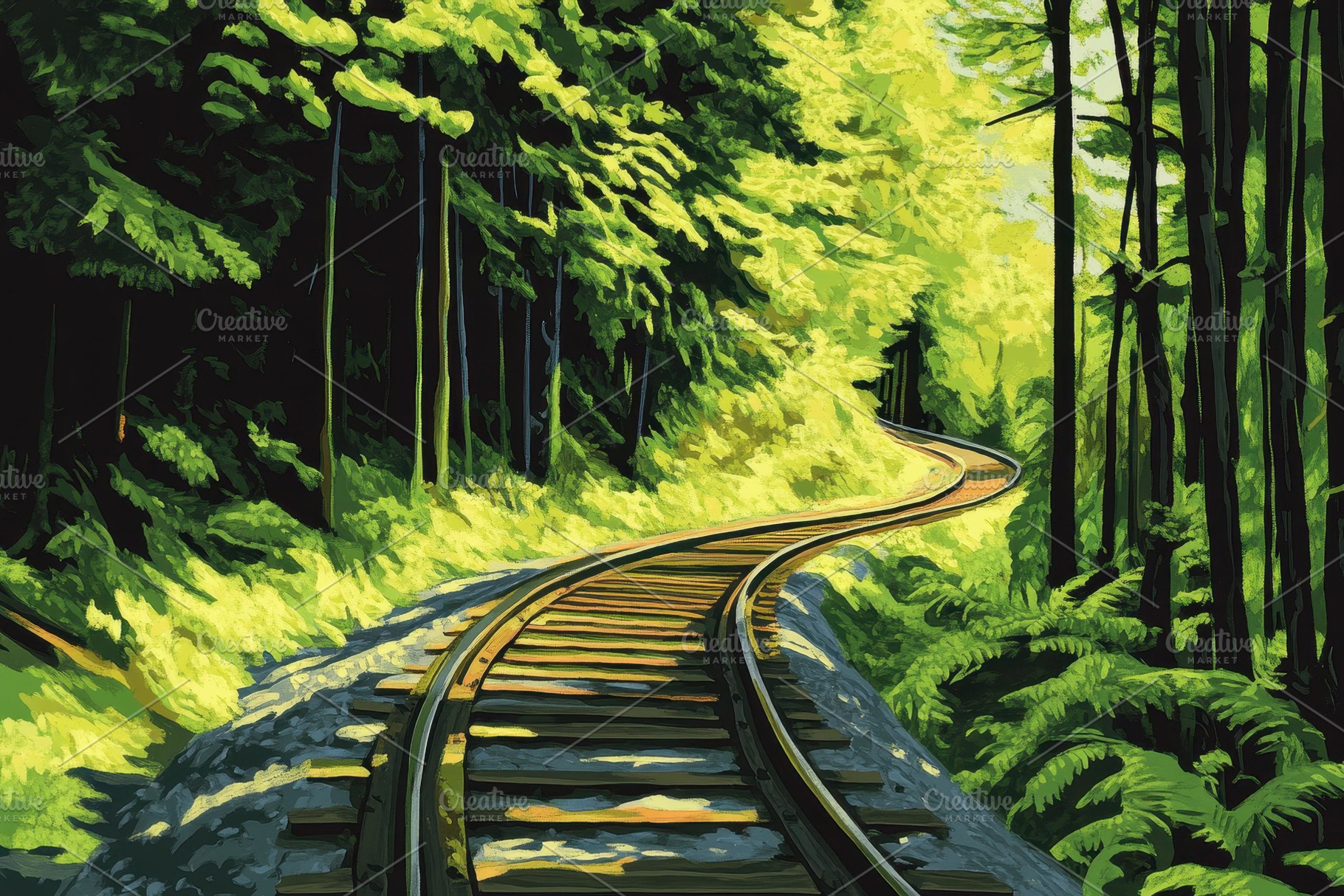 Curved railway track surrounded by l, a Photo by Tanuart