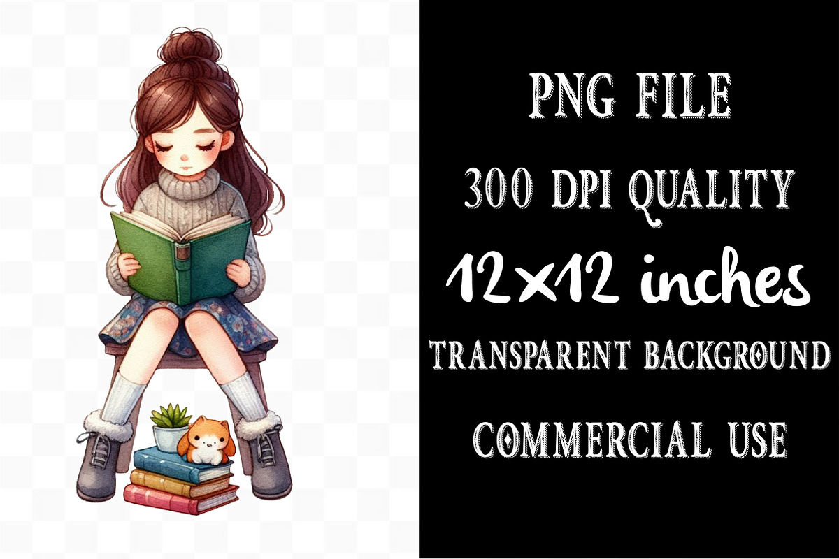Cute Little Girl Reading Clipart, an Illustration by Designking (Photo 4 of 4)