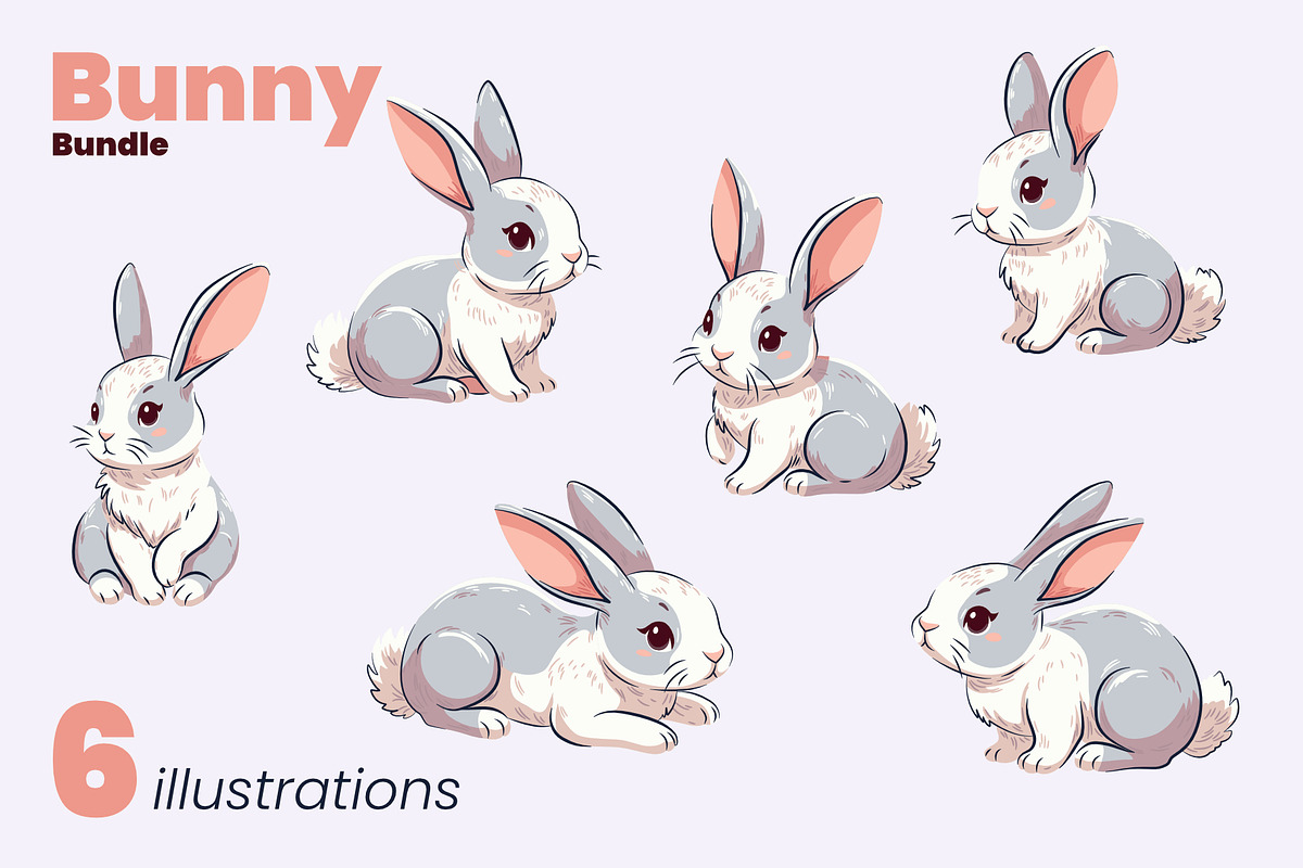 Bunny Bundle in 4 Color Variations, an Animal Illustration by moja doodle (Photo 2 of 5)