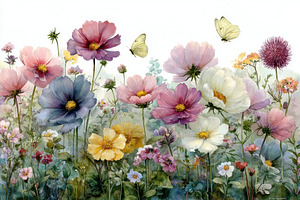 Watercolor painting of cosmos flower, a Photo by Pixeness Studio