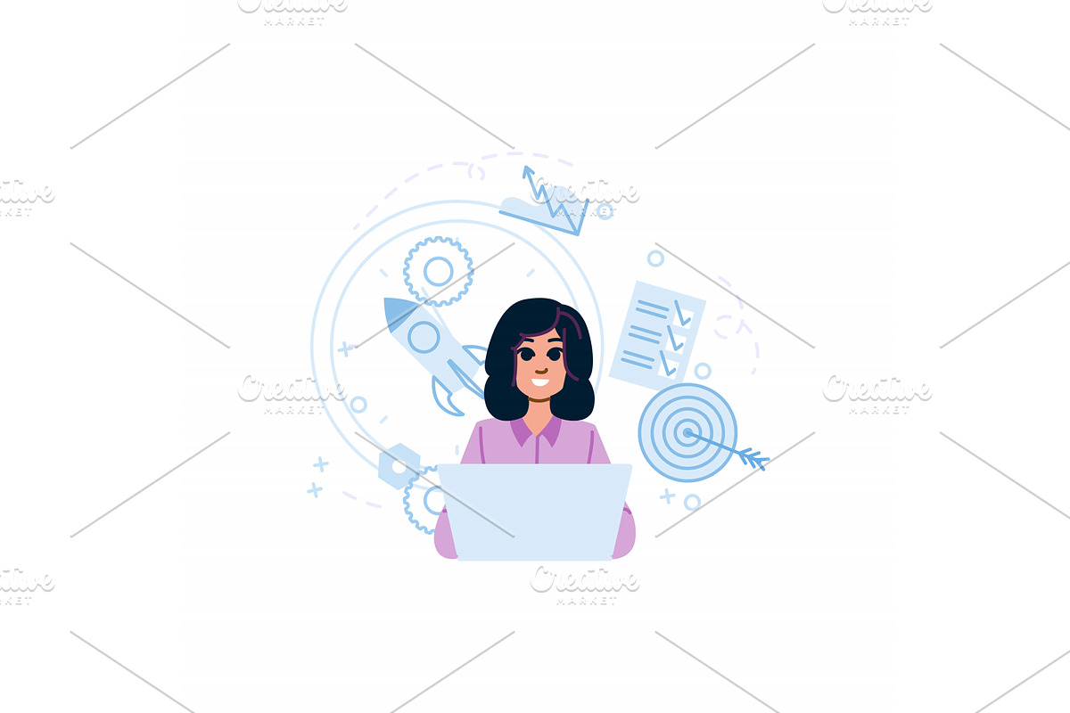 Businesswoman working on laptop with, a Person Illustration by pikepicture