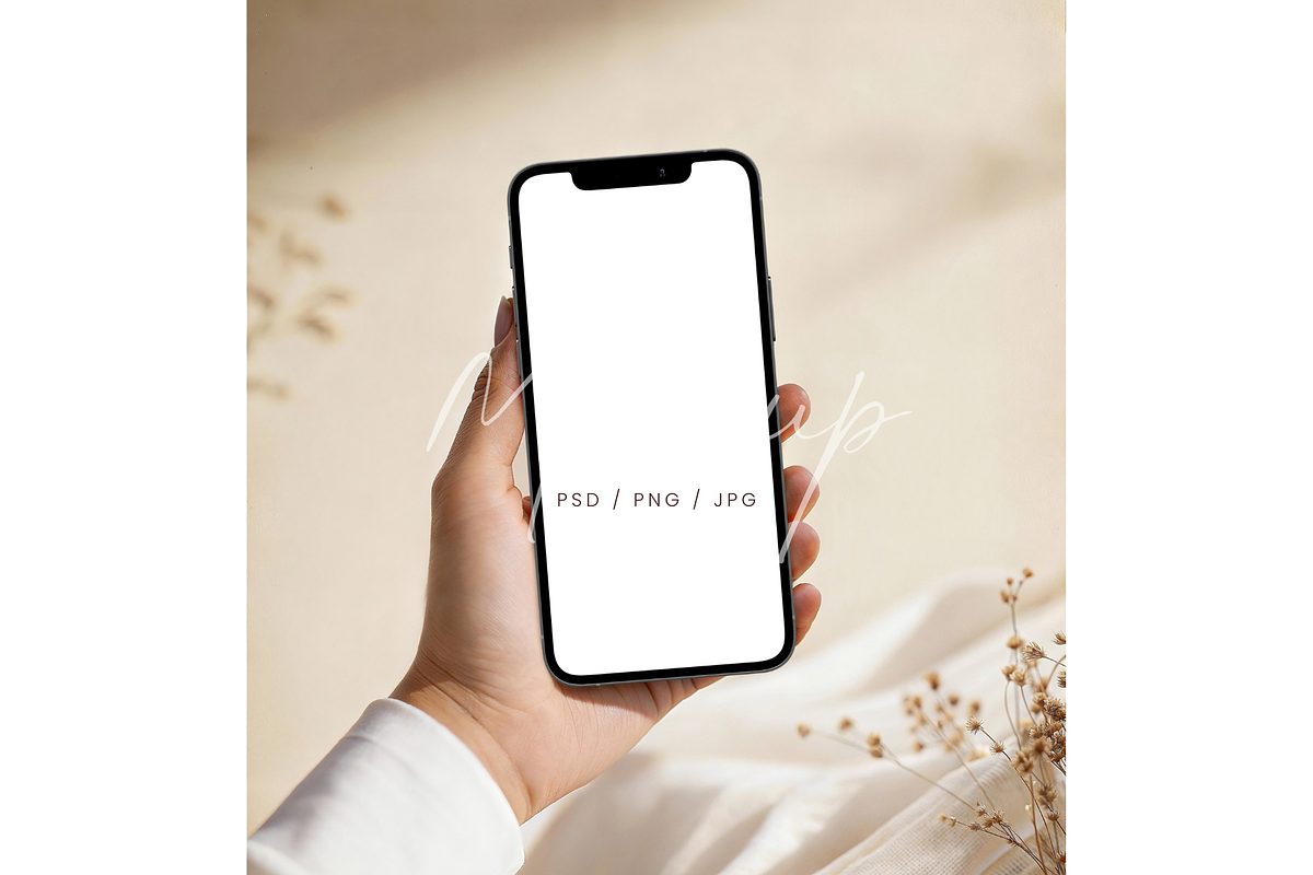 Minimalist Beige Phone in Hand Mocku, a Product Mockup by TatiMockup (Photo 1 of 3)