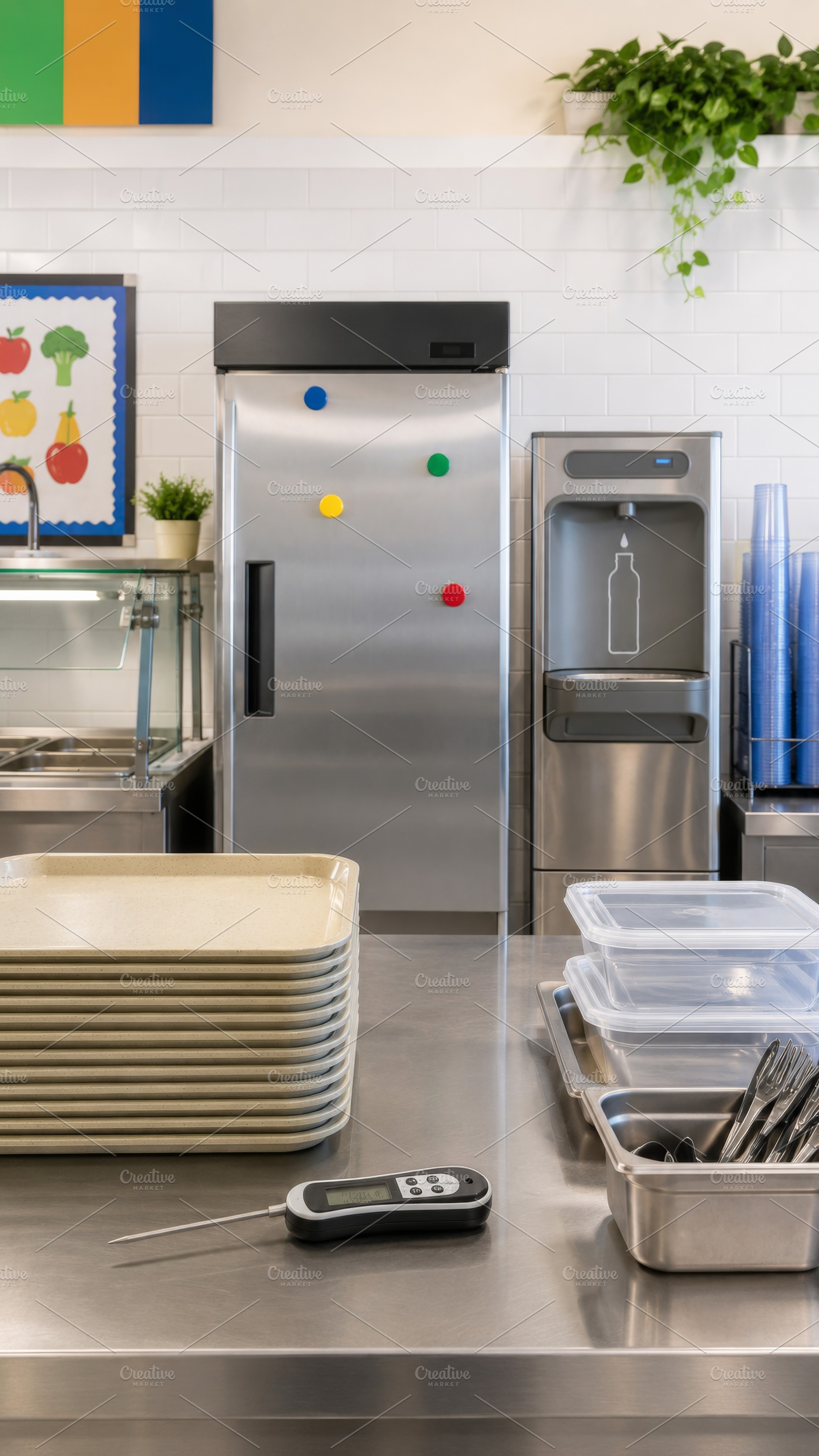 School kitchen interior with stainle, a Photo by Dvoevnore photos