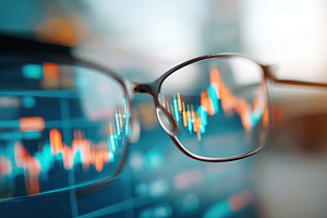 Glasses reflecting stock market data in a financial environment, a Business Photo by AlyaAnd