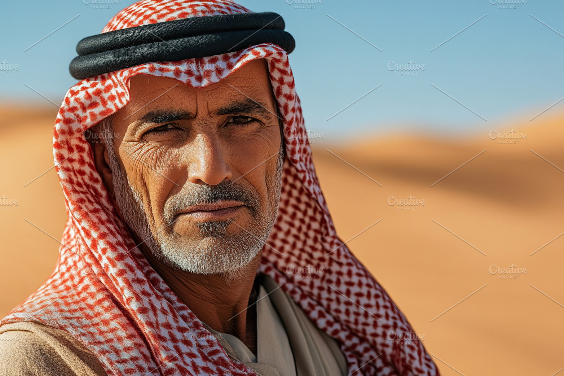 Portrait of arabic man in traditional clothes on blurred desert ...