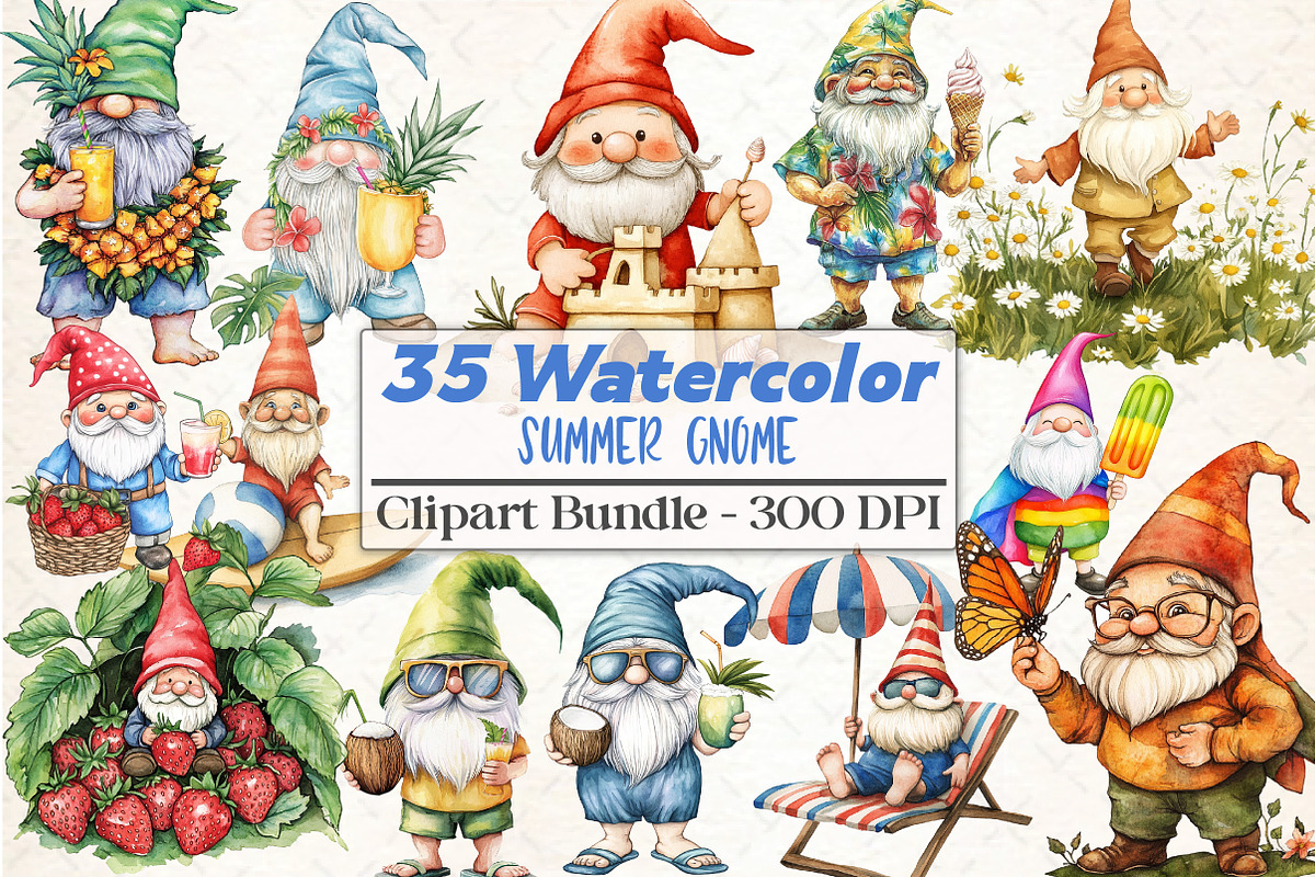 Watercolor Summer Gnome Clipart, an Illustration by DreamCafeArt (Photo 1 of 5)
