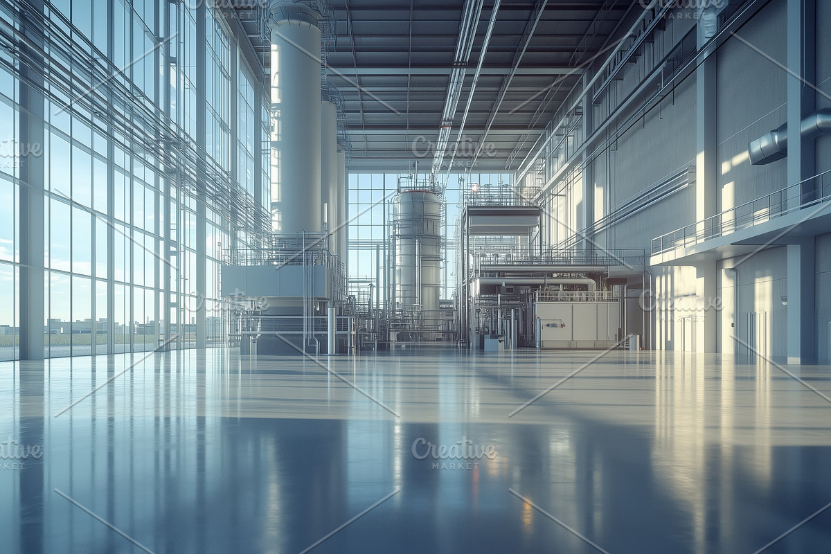 A spacious industrial facility with large windows, showcasing modern machinery, an Industrial Photo by Textures & Backgrounds (Photo 2 of 2)