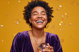 Joyful woman with curly hair smiles brightly while holding a decorative orb on, a Photo by AlyaAnd
