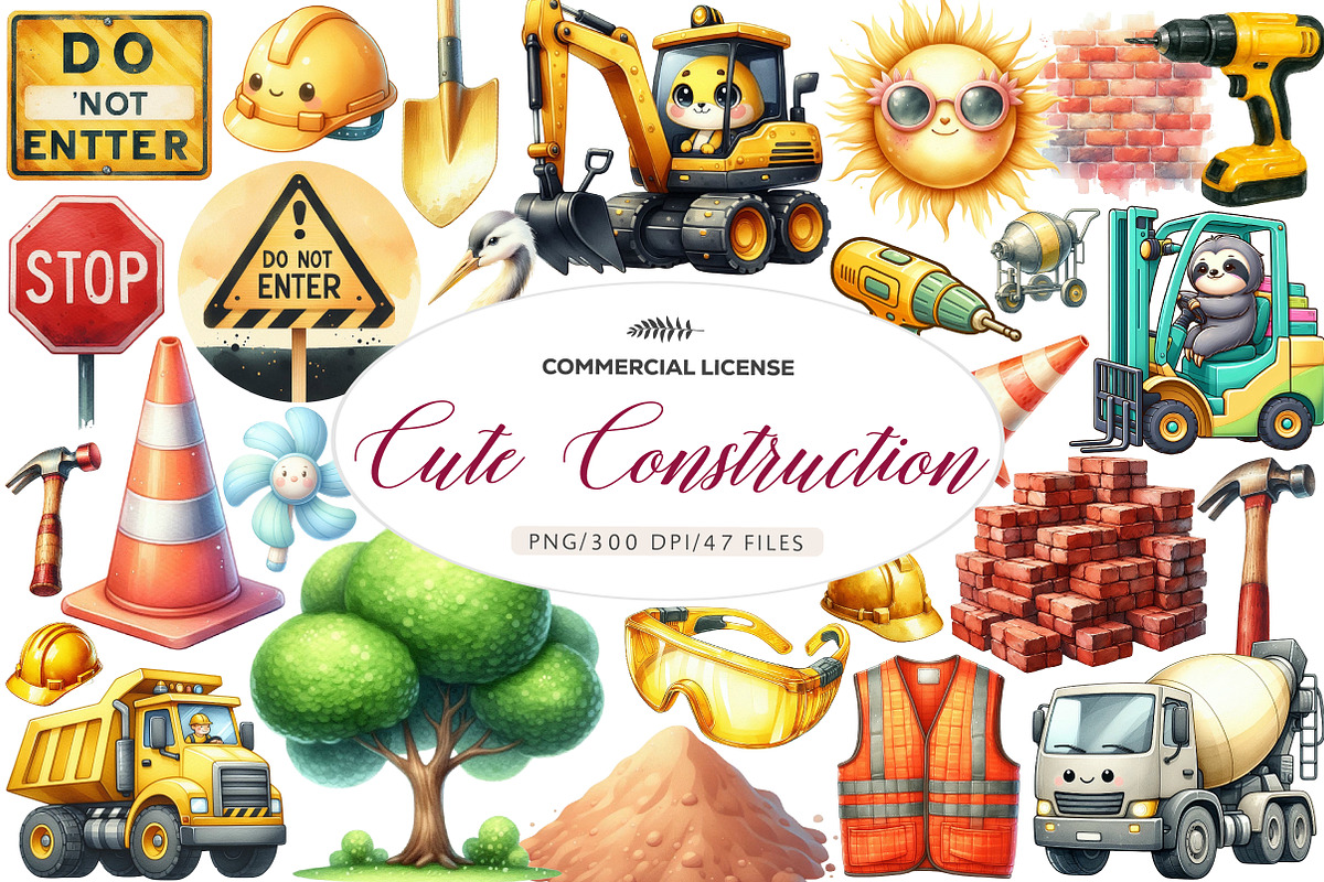 Cute Construction Watercolor Clipart, an Illustration by CreationArt (Photo 1 of 7)