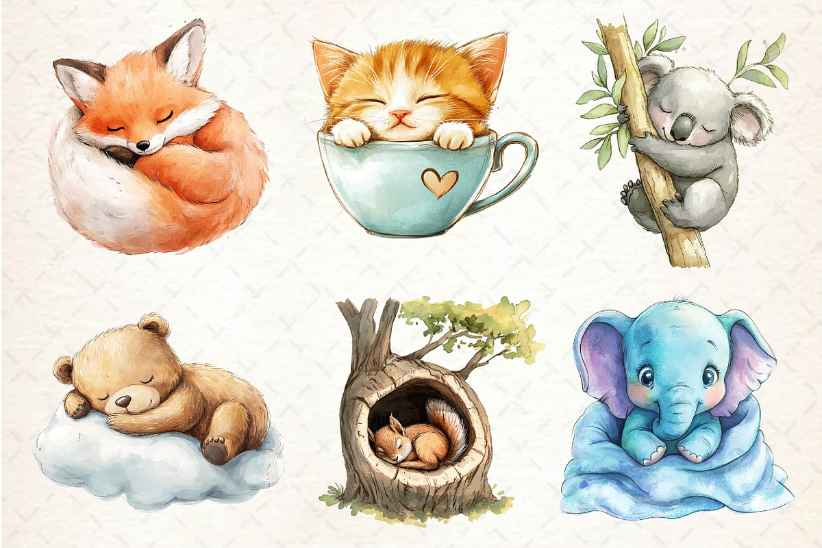 Watercolor Sleepy Animals Clipart, an Illustration by Dream Creation (Photo 6 of 6)