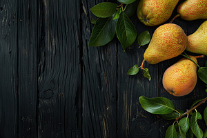 Red pears with leafs and copyspace for text on wooden table, a Food & Drink Photo by AlyaAnd