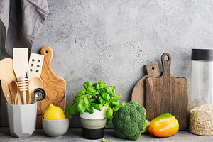 Kitchen table shelf with cutlery containing agriculture, background, and basil
