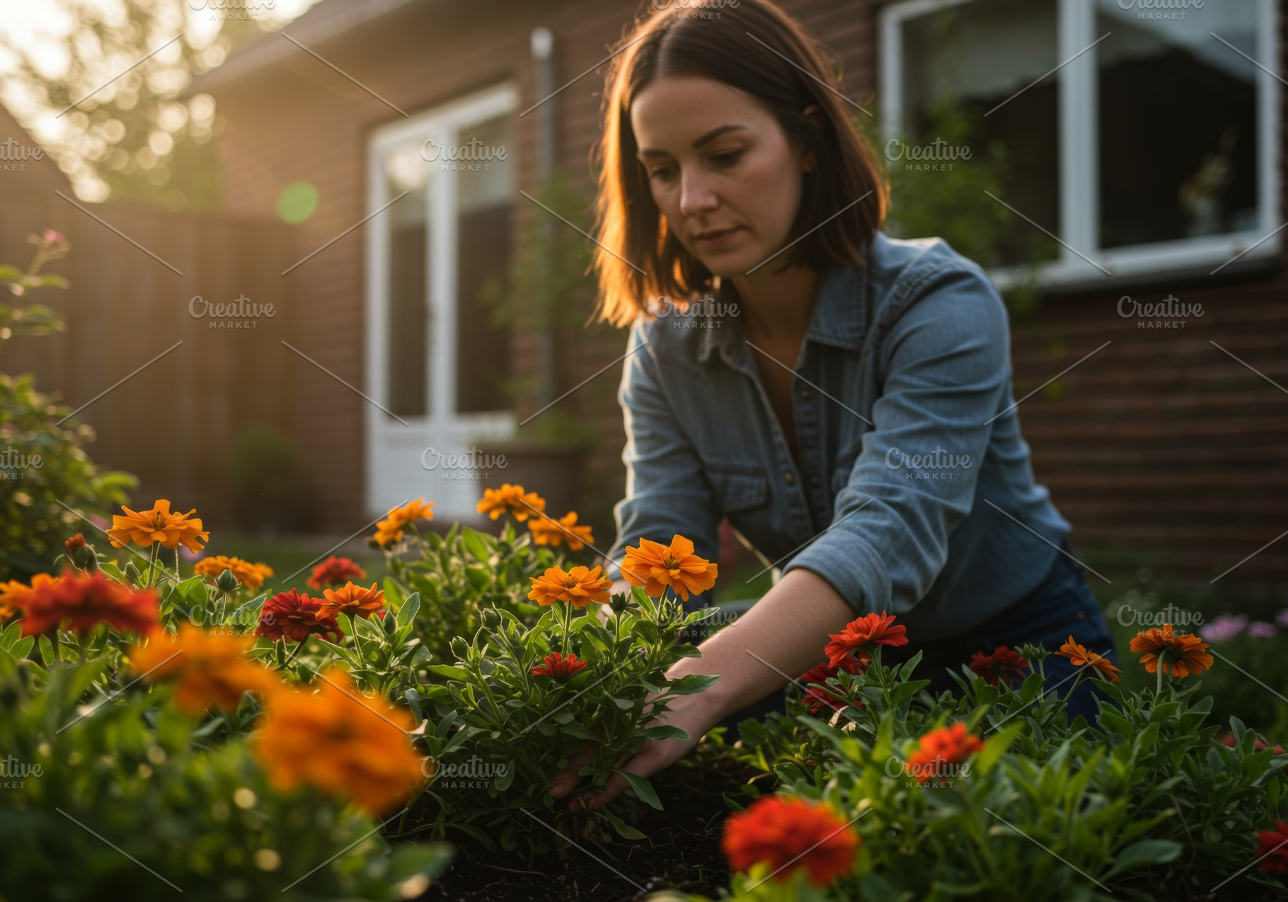 Woman tending vibrant flowers, a Person Photo by professorinc