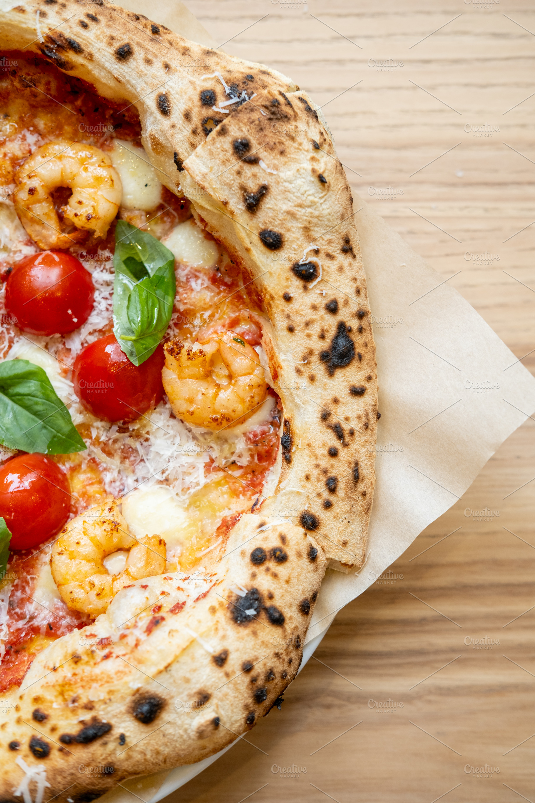 Italian pizza homemade dish tomatoes cheese shrimp, a Food & Drink Photo by Photo Drive Studio