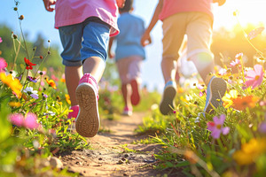 Children Running Through Wildflower Meadow at Sunset, a Person Photo by Davizro's Market