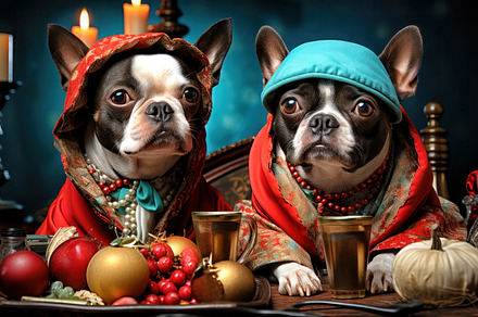 Boston Terriers in elegant attire fo, an Animal Photo by Perpis