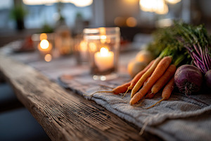 Rustic wooden table set for dinner featuring fresh vegetables and candlelight a, a Food & Drink Photo by AlyaAnd