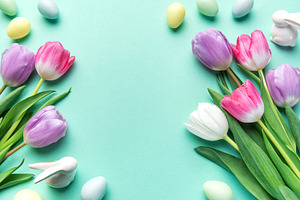 Spring tulips easter eggs bunny on turquoise background, a Holiday Photo by Olena Rudo
