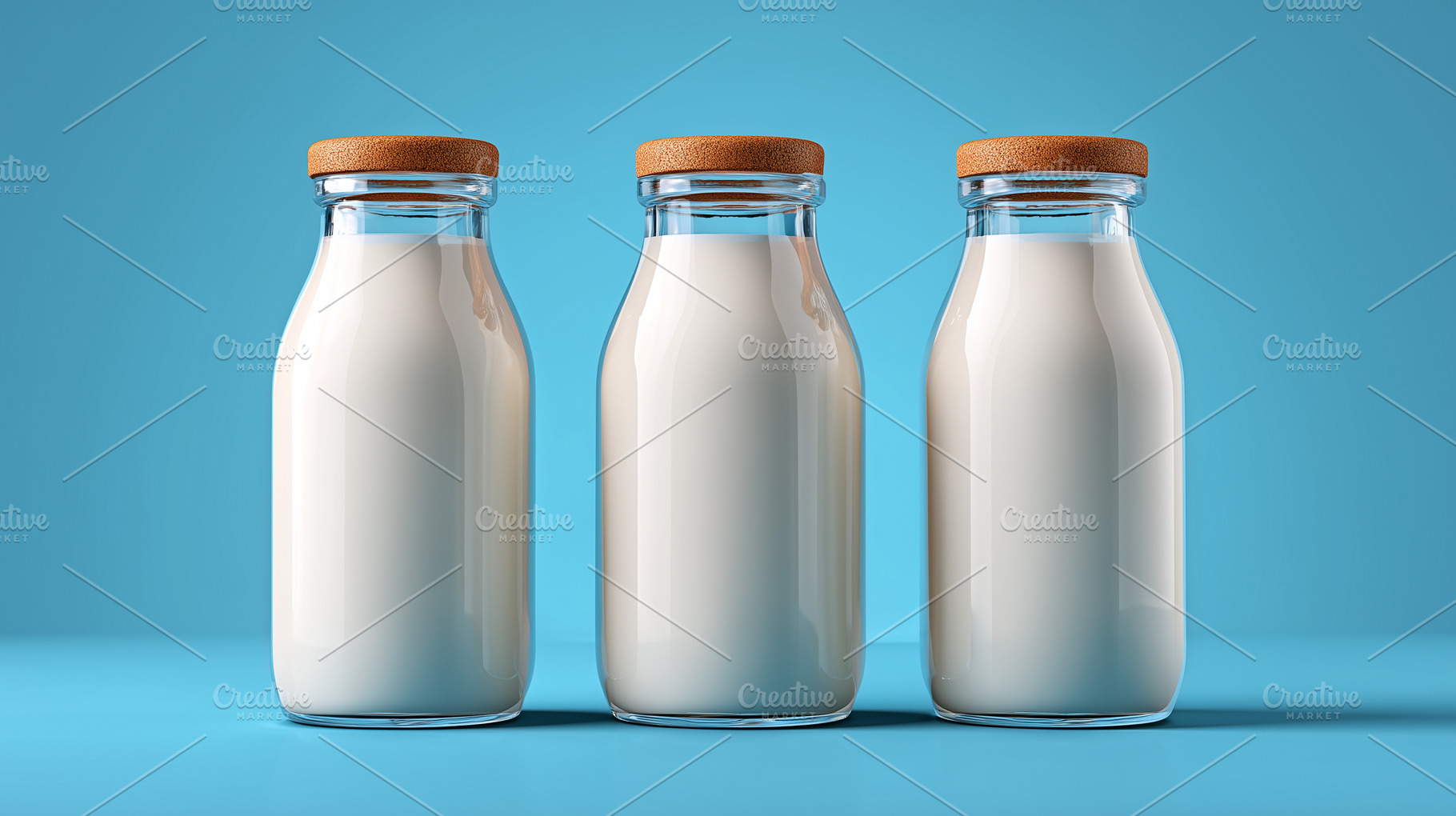 Three bottles of milk on blue, a Food & Drink Photo by MistyDay