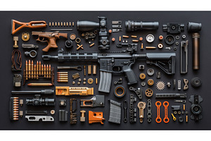 A flat lay of firearm components, an Illustration by Sergey Kotenev