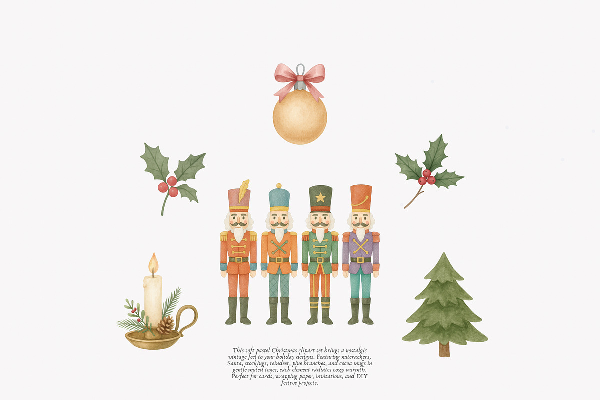 vintage pastel christmas clipart set, a Decorative Illustration by Patishop Art (Photo 6 of 9)