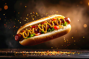 Classic hot dog floating in mid air with toppings, a Food & Drink Photo by GoodGoods