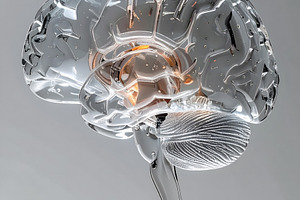 Transparent glass brain model with highlighted inner neural stru, a Health & Medical Photo by GoodGoods