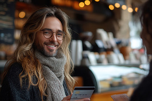 Man with long hair and glasses smile, a Photo by Tanuart