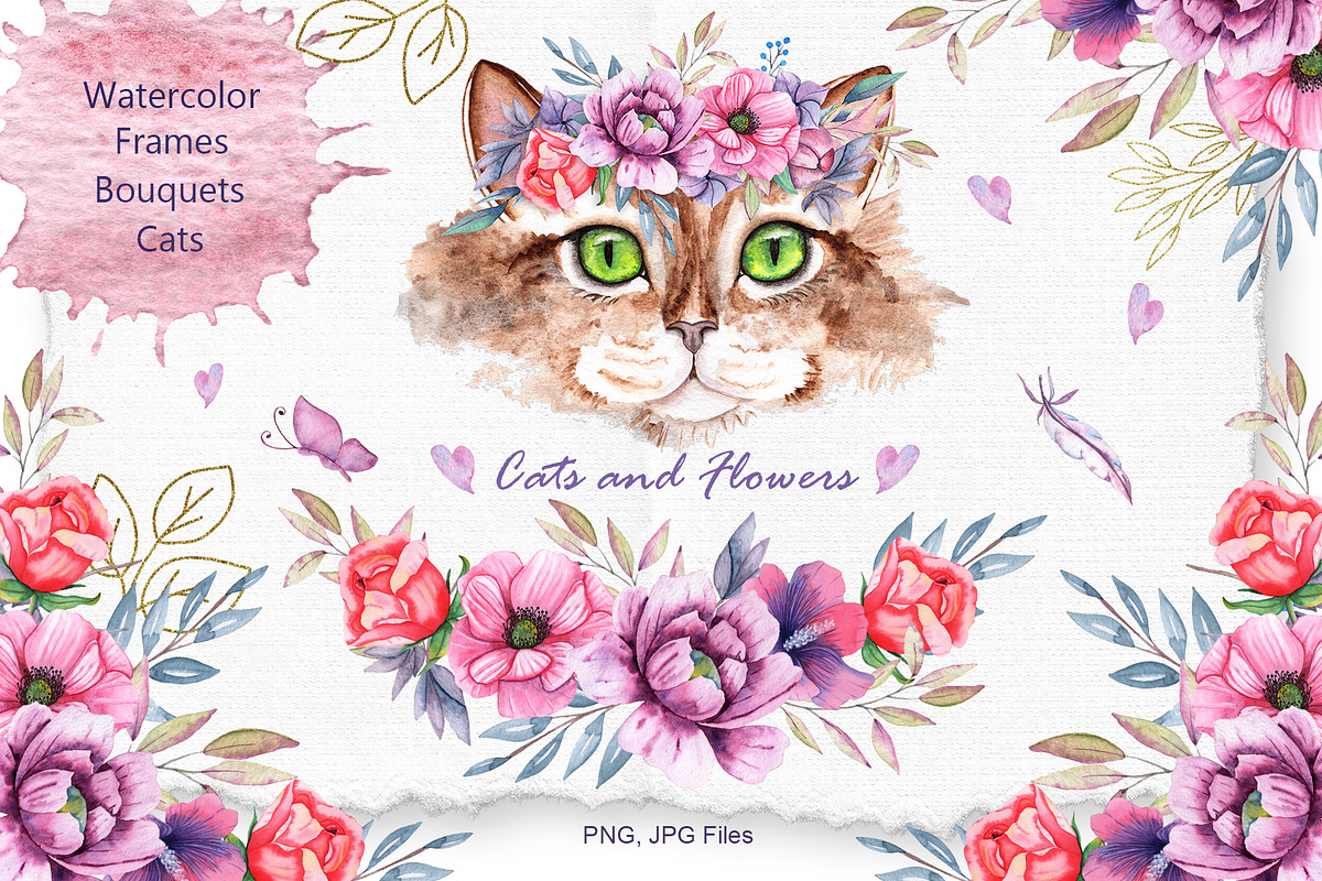 Watercolor Cats and Flowers, an Illustration by TanataDesign (Photo 2 of 13)