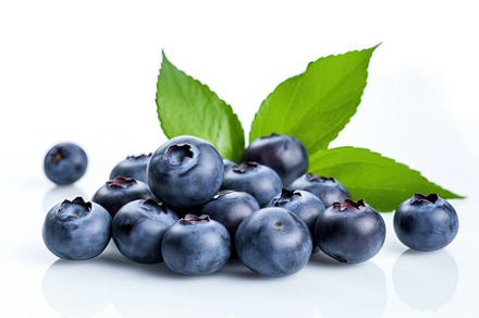 Delicious and flavorful blueberries with their green leaves on a white backgrou, a Food & Drink Photo by José Manuel Gelpi