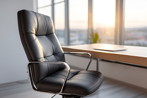 Modern office chair positioned near a large window with sunset lighting in a sl, a Photo by AlyaAnd