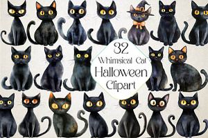 Halloween Whimsical Black Cat Clipar, an Illustration by DreamPrint404